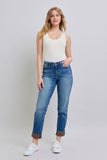 Judy Blue Full Size Plaid Print Cuff Straight Leg Jeans with Pockets 