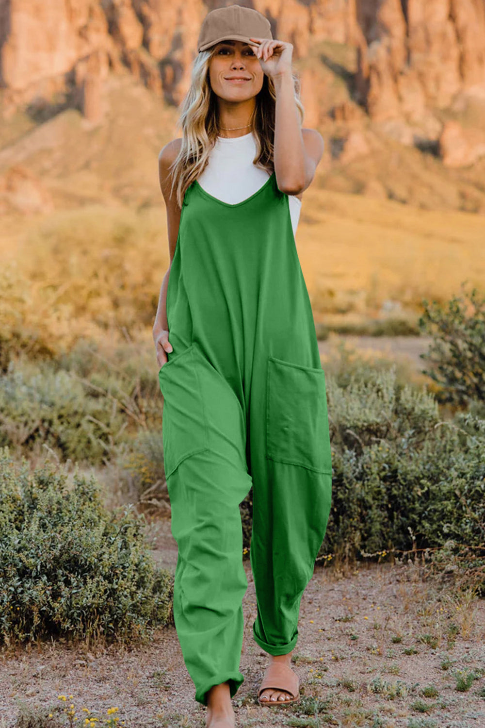 Double Take Full Size V-Neck Sleeveless Jumpsuit with Pockets 