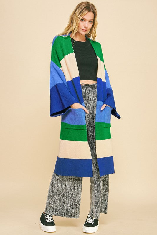 Davi & Dani Color Block Kimono Sleeve Open Front Cardigan 