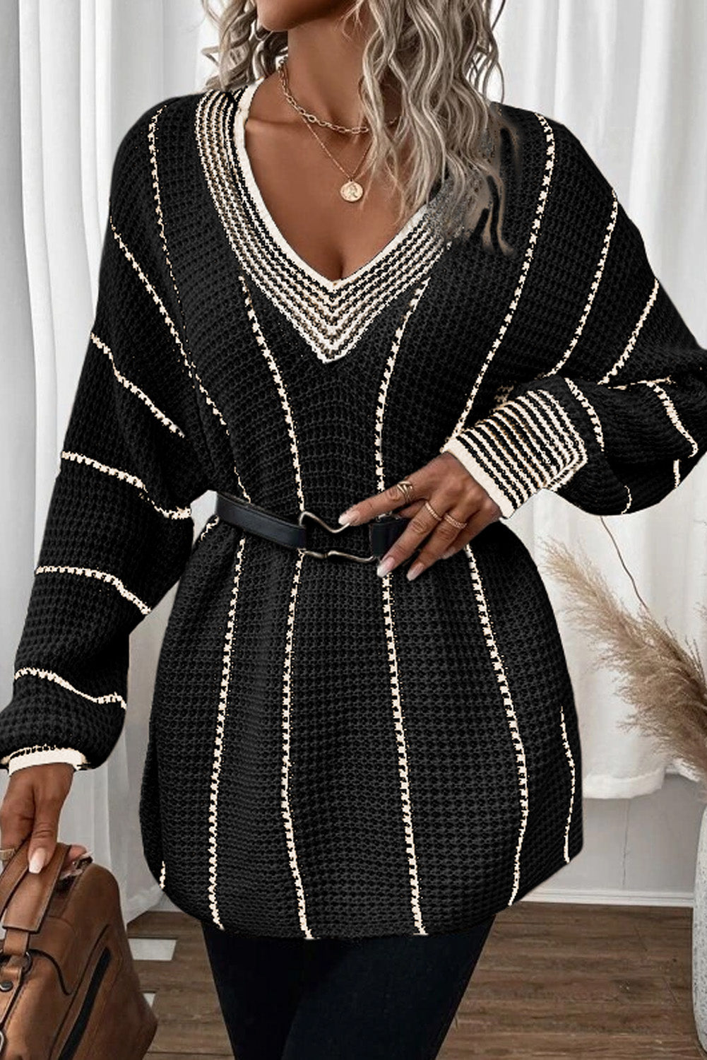 Black Colorblock Striped V Neck Knitted Loose Sweater Sweaters & Cardigans/Sweaters