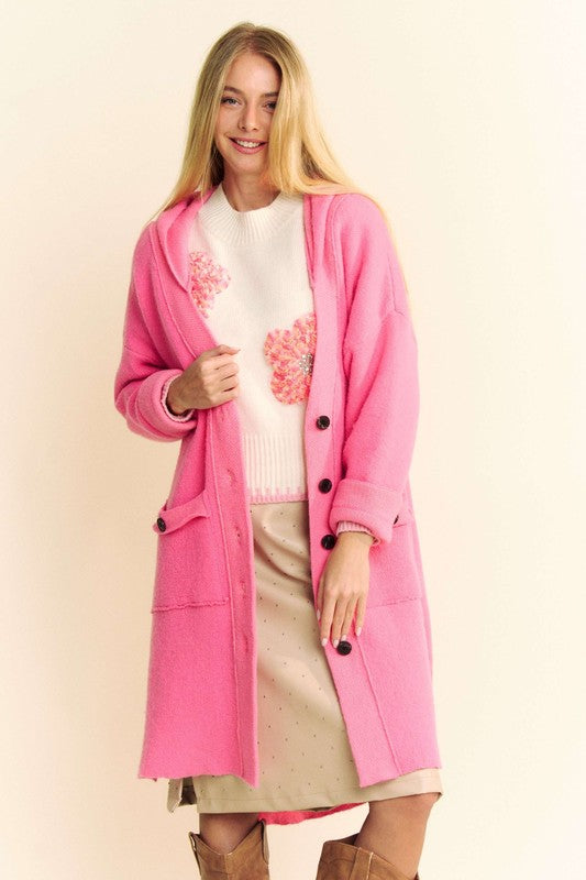 Davi & Dani Side Slit Button Up Hooded Cardigan 