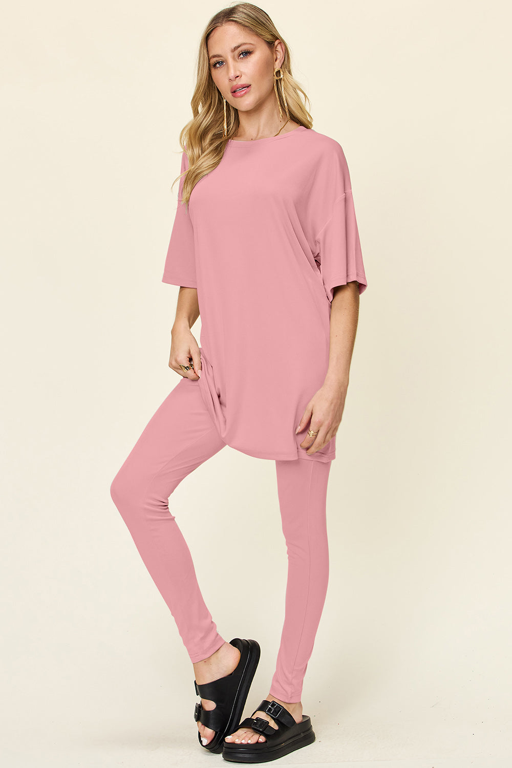 Double Take Full Size Round Neck Dropped Shoulder T-Shirt and Leggings Set 