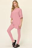 Double Take Full Size Round Neck Dropped Shoulder T-Shirt and Leggings Set 
