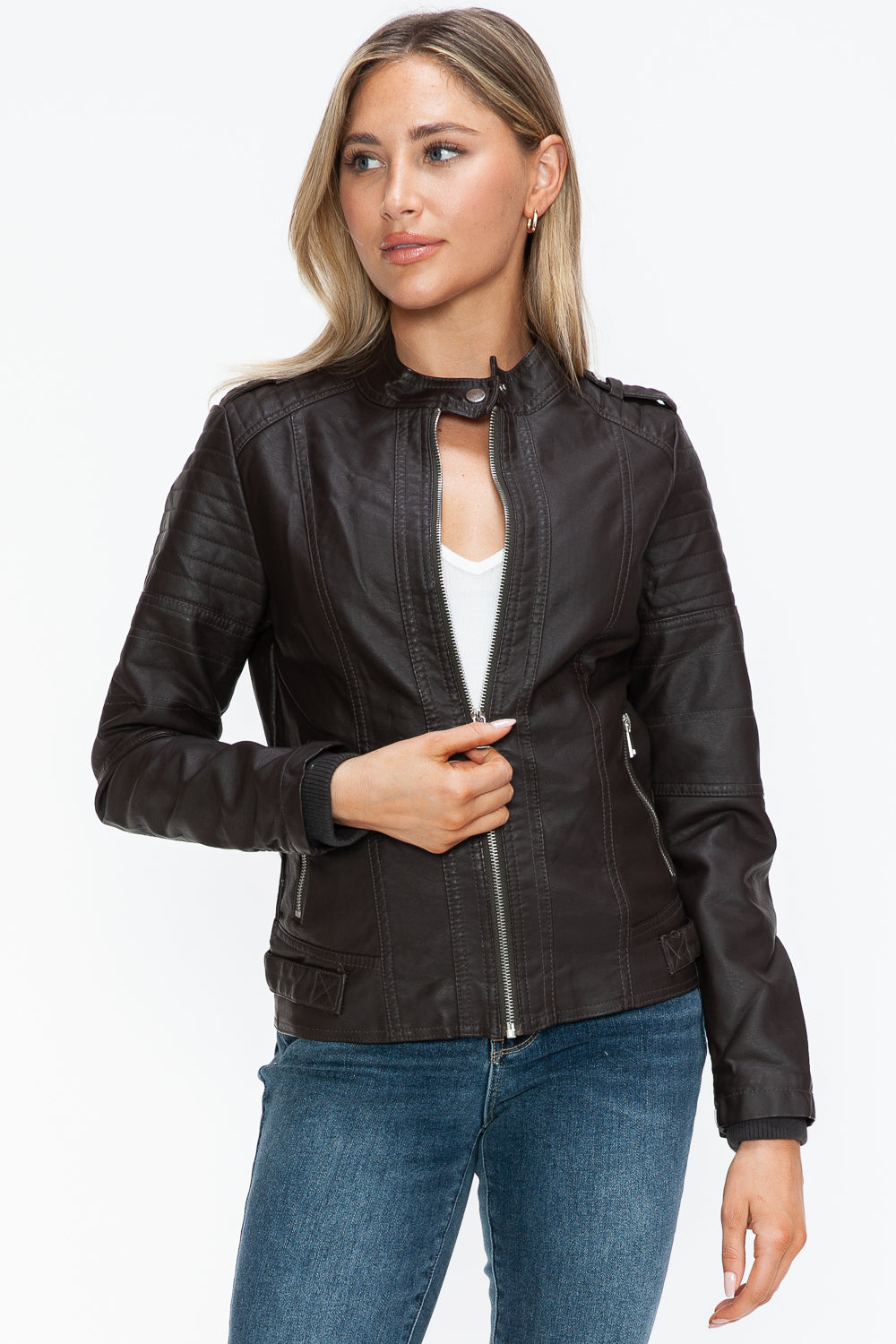 Snobbish PU Leather Biker Jacket with Side Zip Pockets 