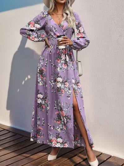 Perfee Slit Printed Surplice Long Sleeve Maxi Dress Dresses