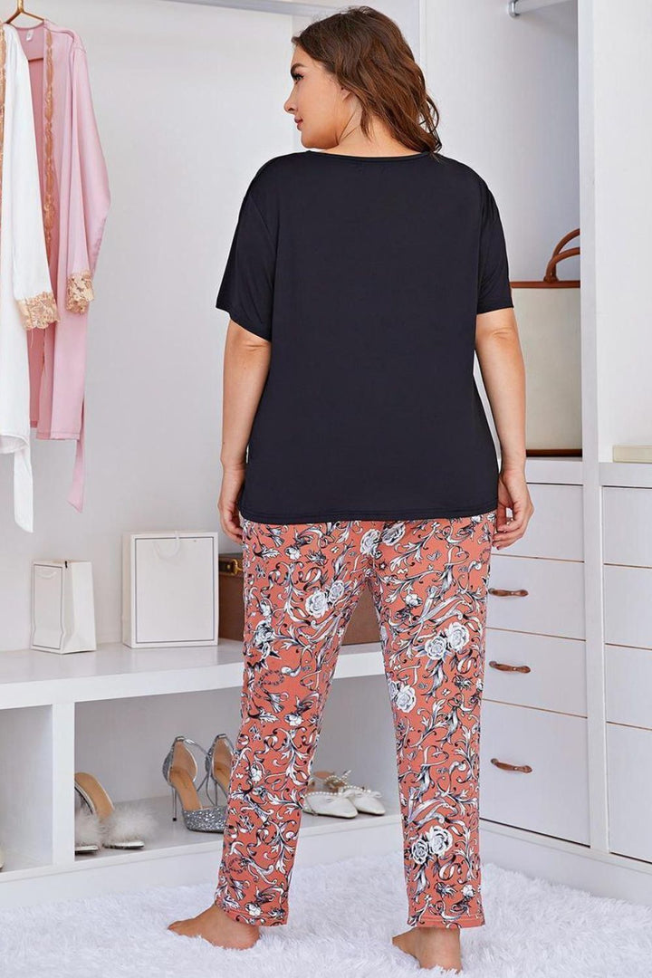 Plus Size Contrast Round Neck Tee and Floral Pants Lounge Set Lingerie & Nightwear
