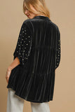 Umgee Pearl Detail Half Sleeve Velvet Babydoll Blouse 