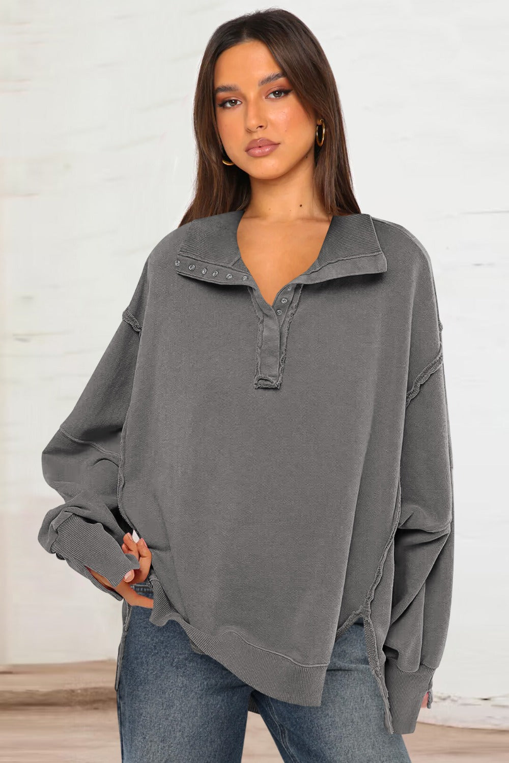 Exposed Seam Side Slit Long Sleeve Sweatshirt 