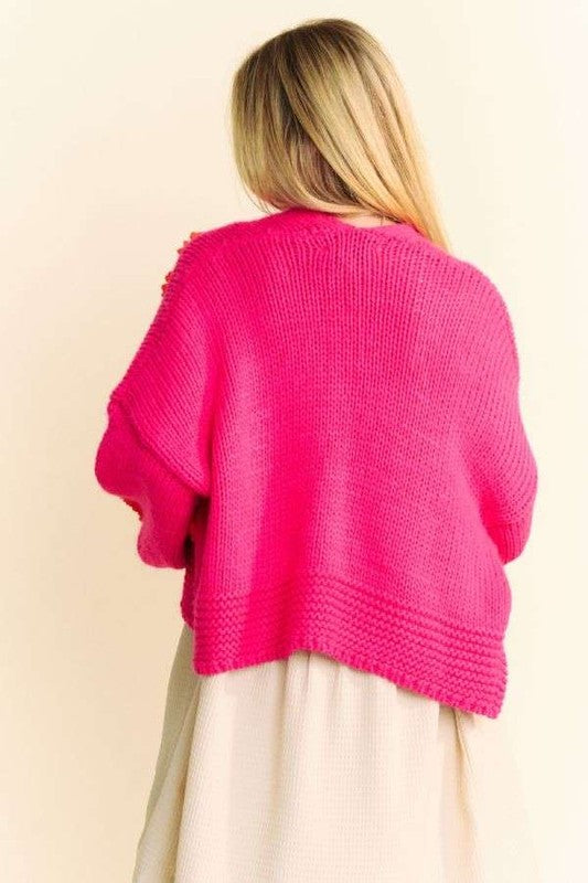 Davi & Dani Floral Applique Open Front Drop Shoulder Cardigan 