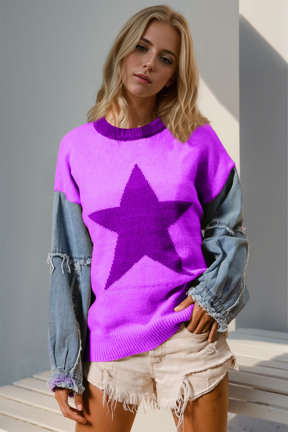 Double Take Full Size Star Pattern Raw Edge Long Sleeve Sweater 
