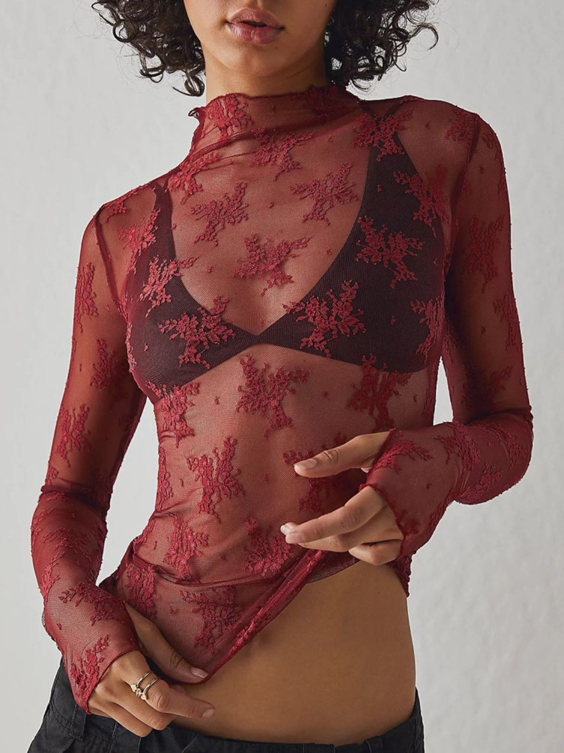 Lace Mock Neck Long Sleeve Blouse 