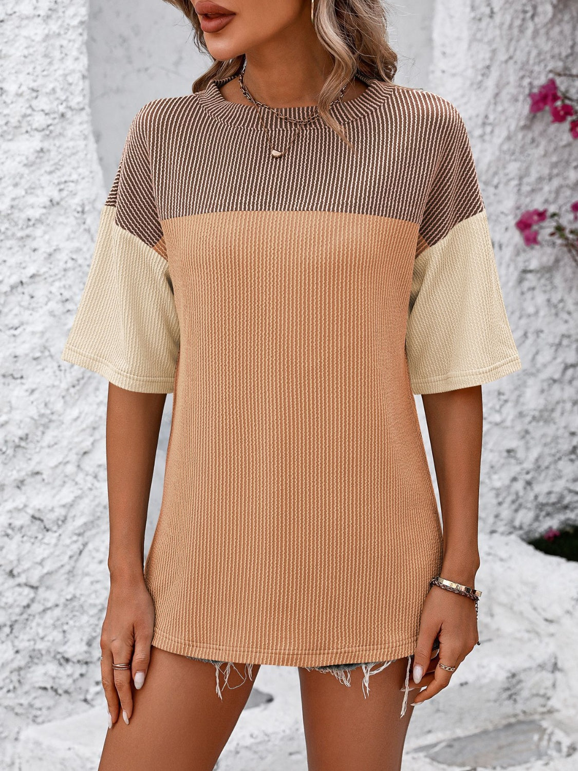 Mandy Color Block Round Neck Half Sleeve T-Shirt 