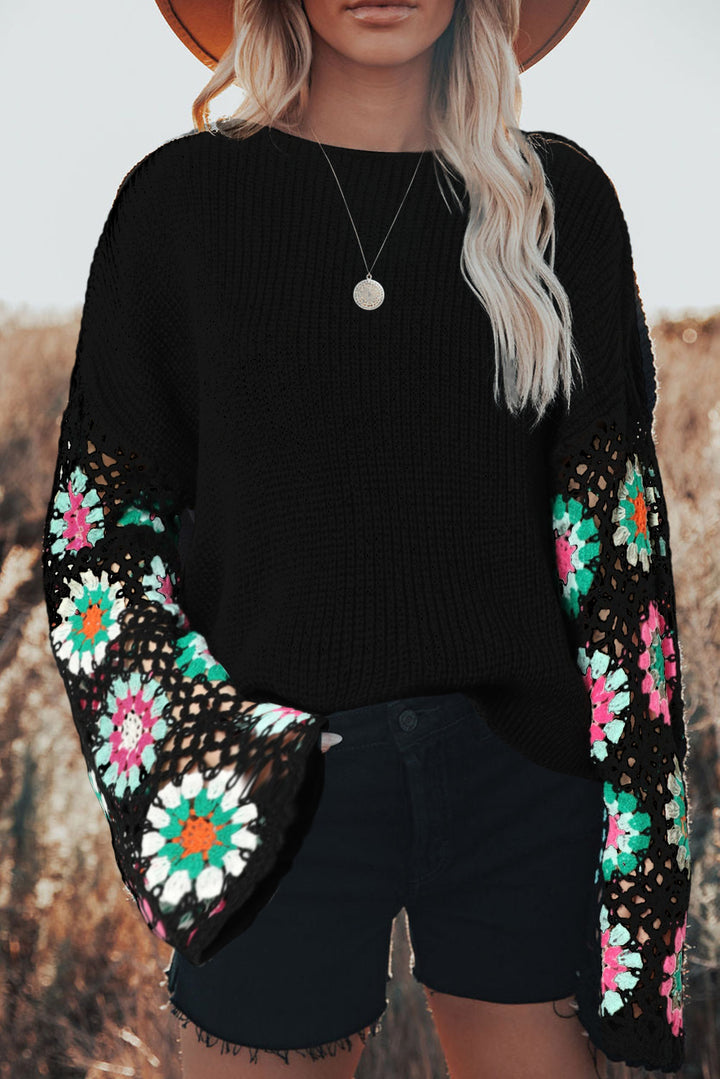 Black Floral Crochet Bell Sleeve Loose Sweater Sweaters & Cardigans/Sweaters
