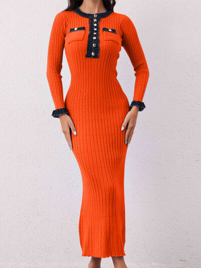 Contrast Trim Round Neck Long Sleeve Sweater Dress Dresses
