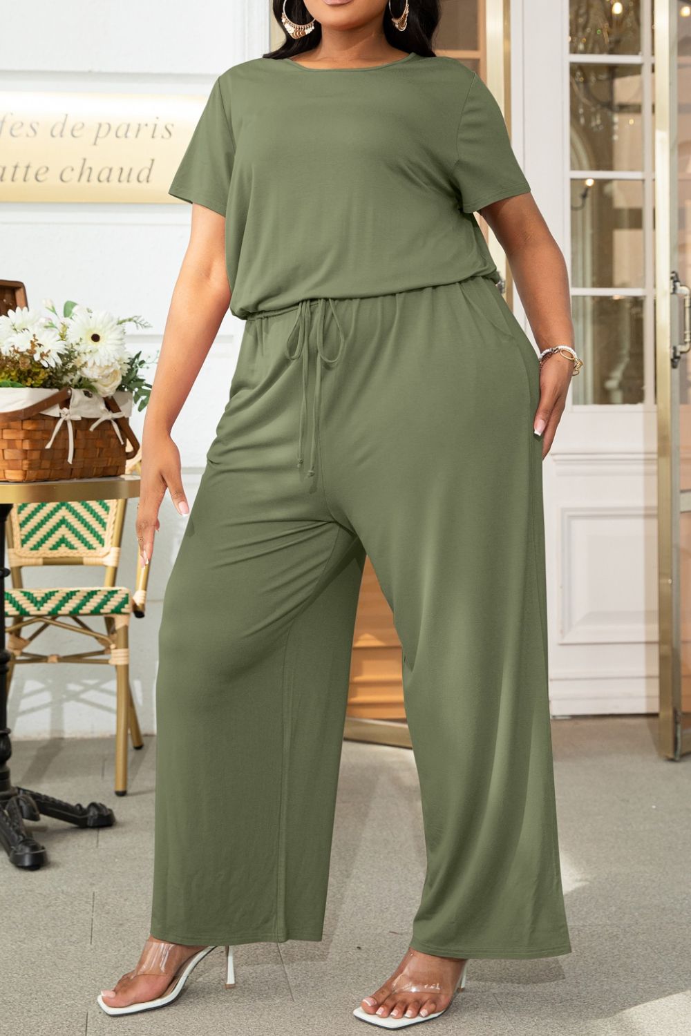 Plus Size Drawstring Waist Short Sleeve Jumpsuit 