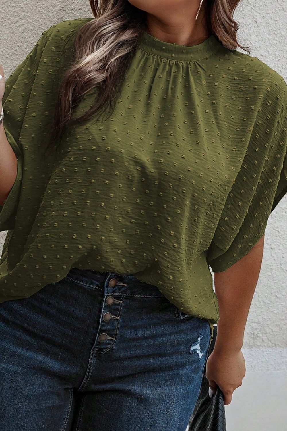 Plus Size Swiss Dot Tied Mock Neck Blouse 