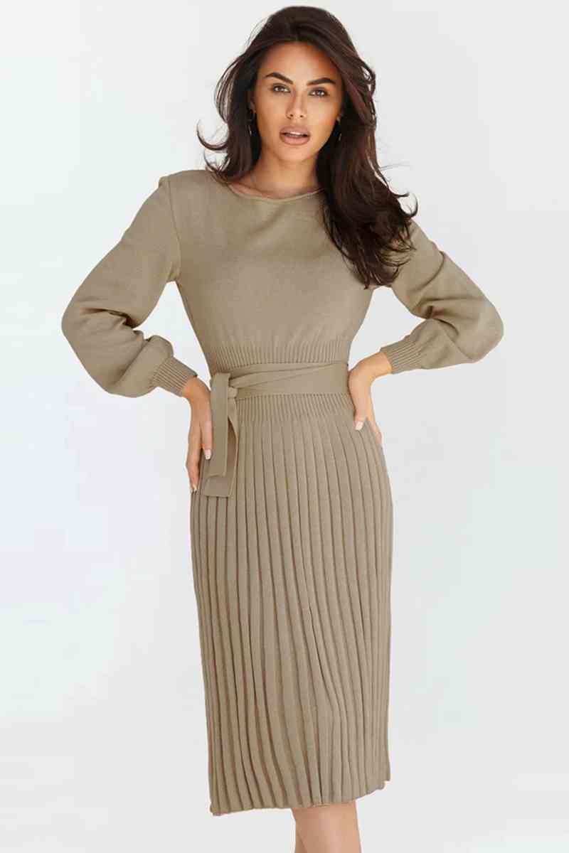 Round Neck Long Sleeve Pleated Sweater Dress Dresses
