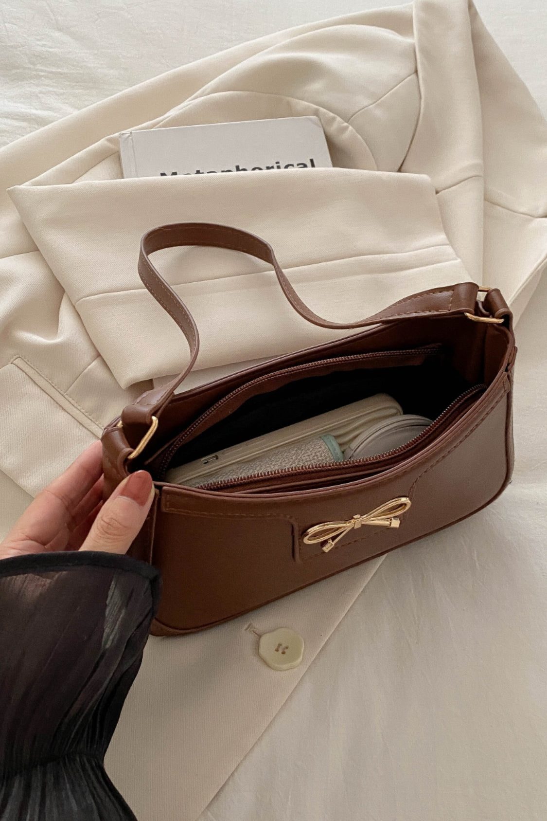 Bow Trim PU Leather Shoulder Bag 