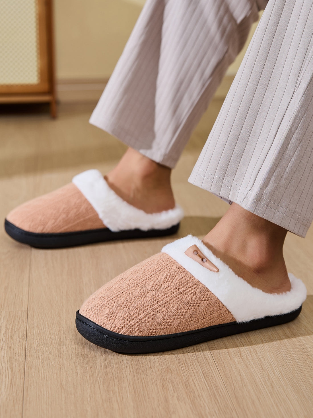 Horn Buckle Furry Texture Flat Slippers 