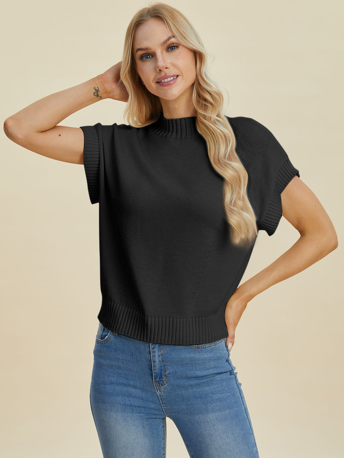 Double Take Full Size Mock Neck Short Sleeve Sweater 