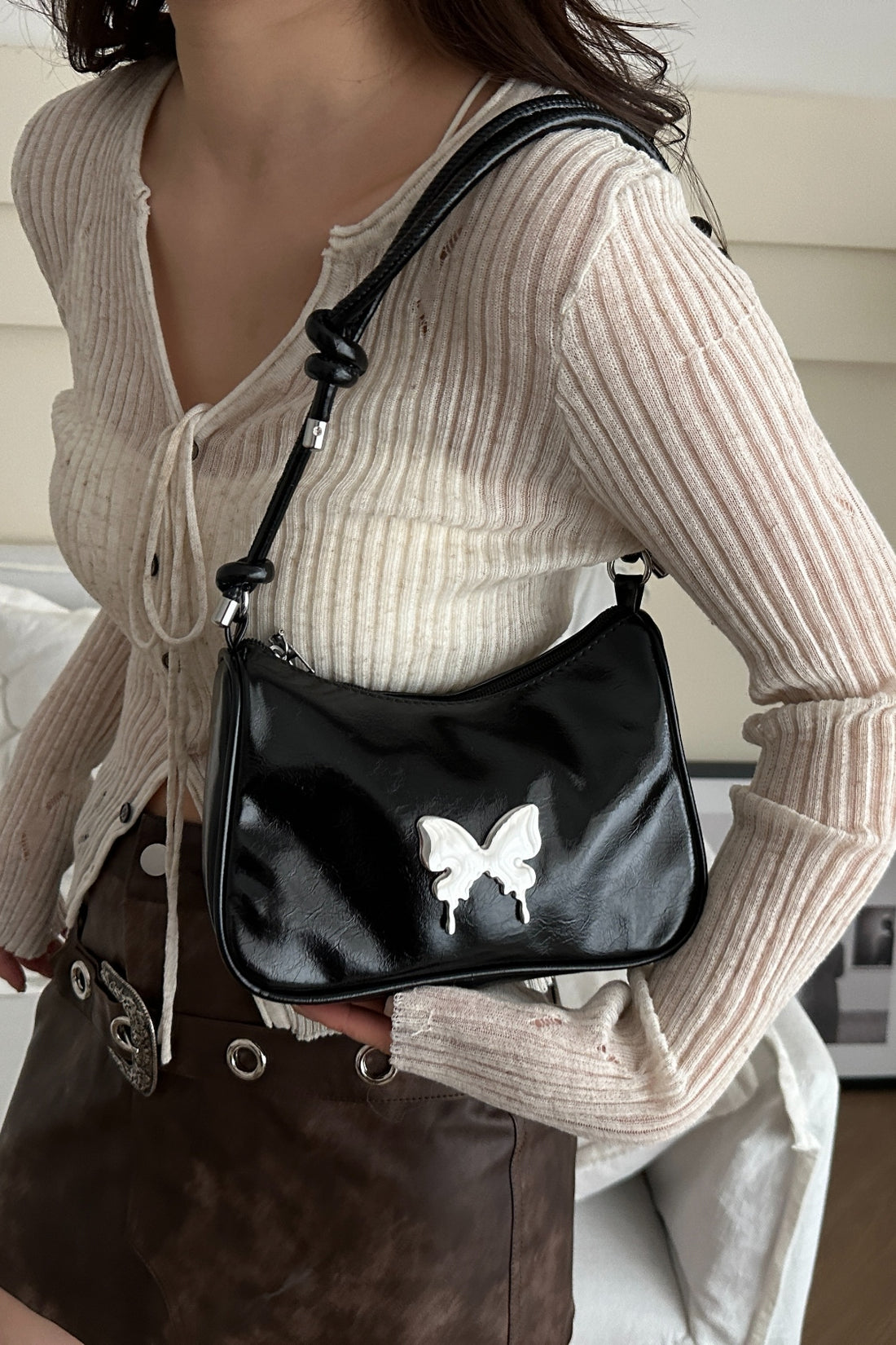Butterfly PU Leather Knotted Strap Shoulder Bag 