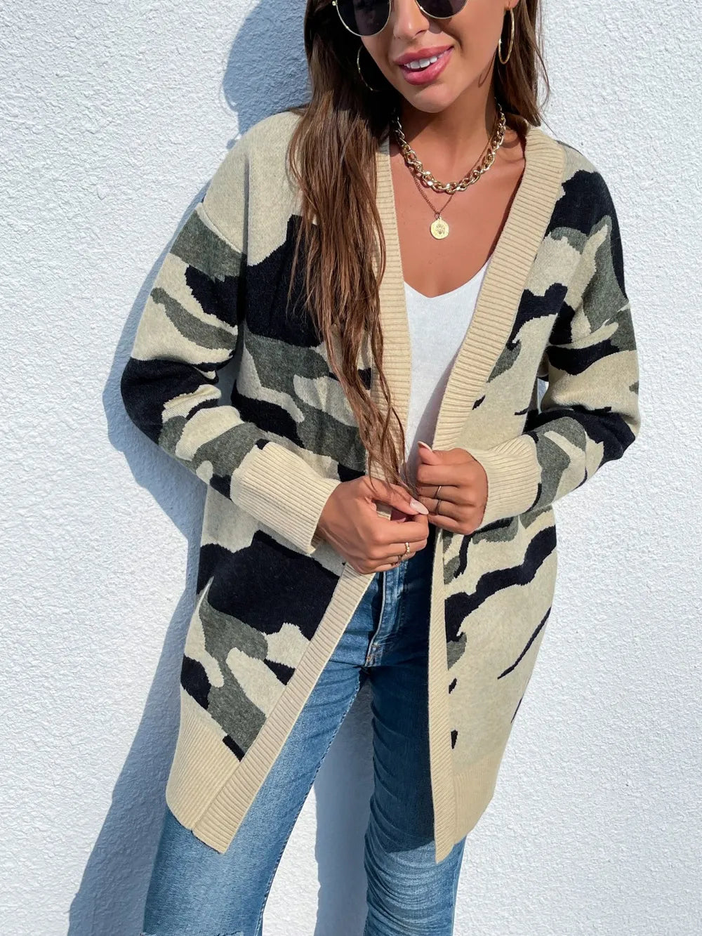 Camouflaged Dropped Shoulder Open Front Cardigan 