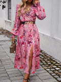 Devine Split Printed Surplice Long Sleeve Midi Dress 