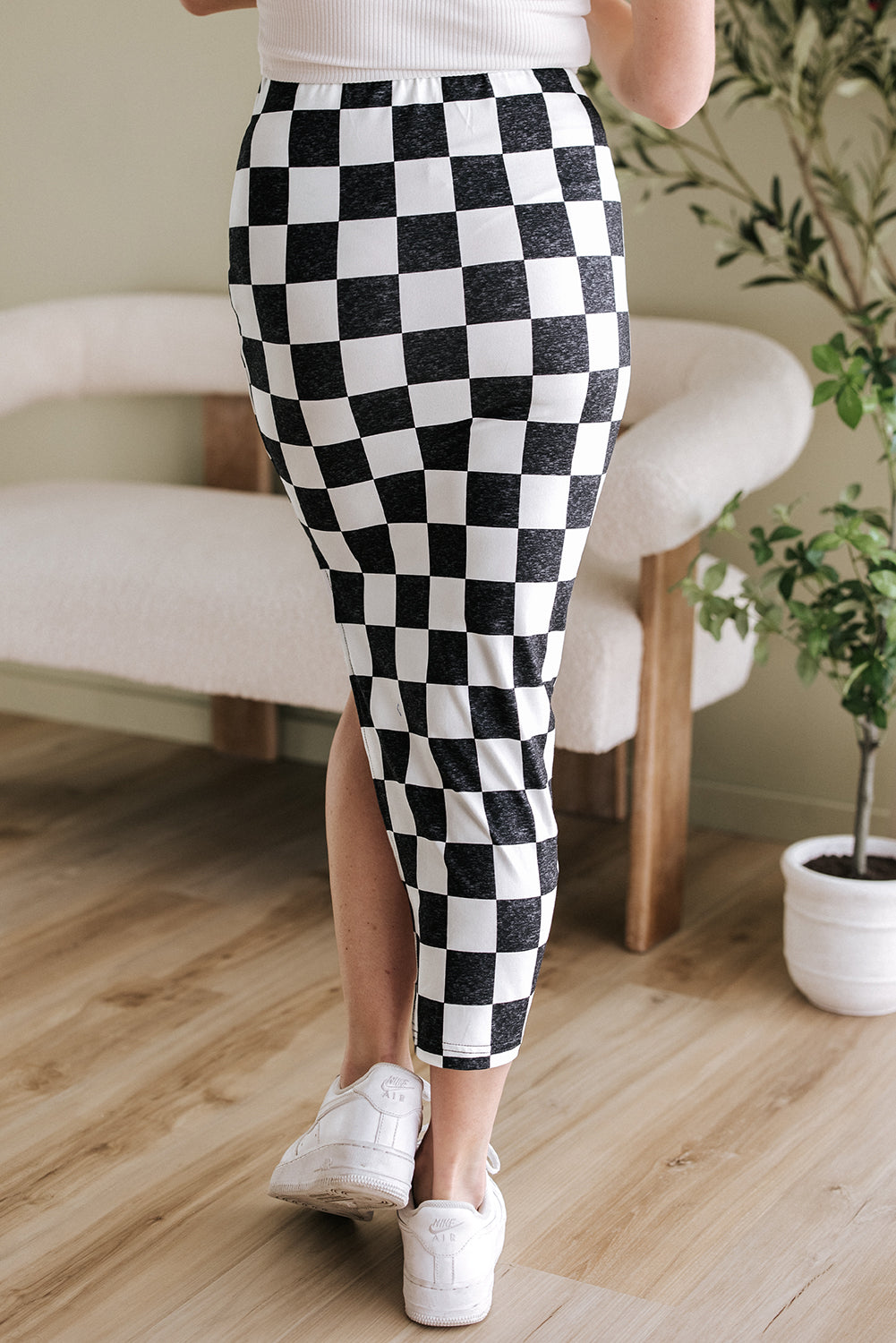 White Checkered Print Side Slit High Waist Midi Skirt Bottoms/Skirts & Petticoat