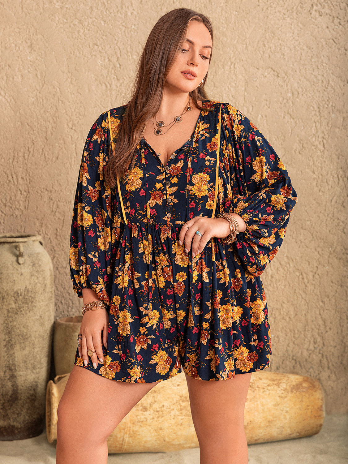 Plus Size Floral Tie Neck Balloon Sleeve Romper 