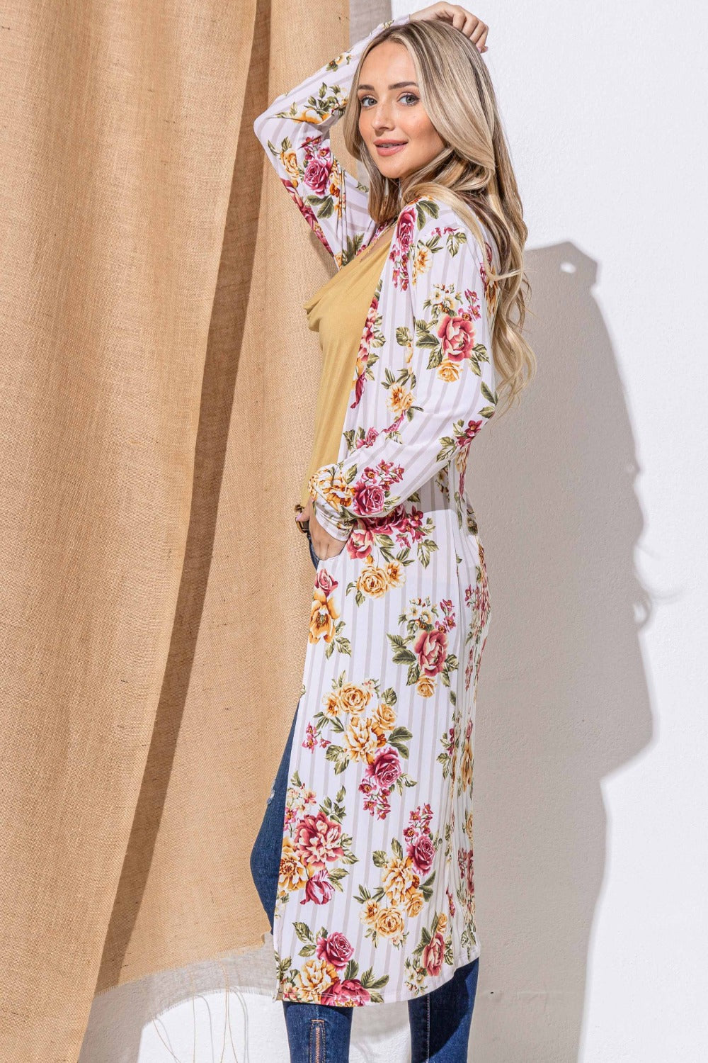 And The Why Floral Kimono Open Front Longline Cardigan 