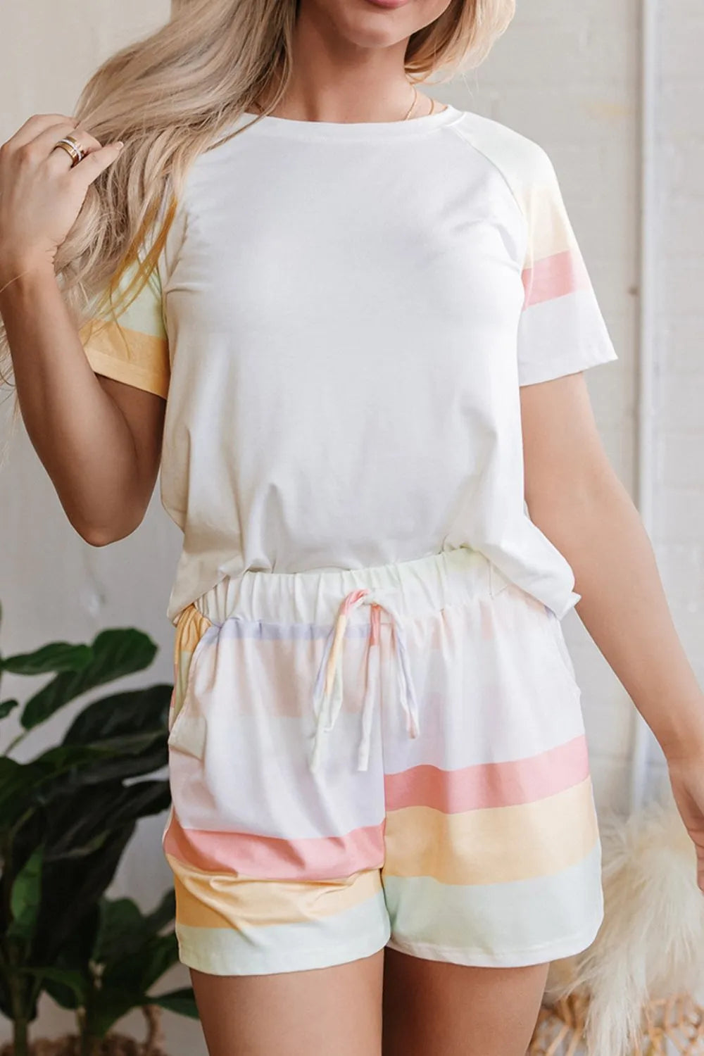 Rainbow Striped Round Neck T Shirt and Shorts Lounge Set Lingerie & Nightwear