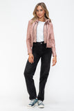 Snobbish Faux Leather Zip Up Drawstring Hooded Jacket 
