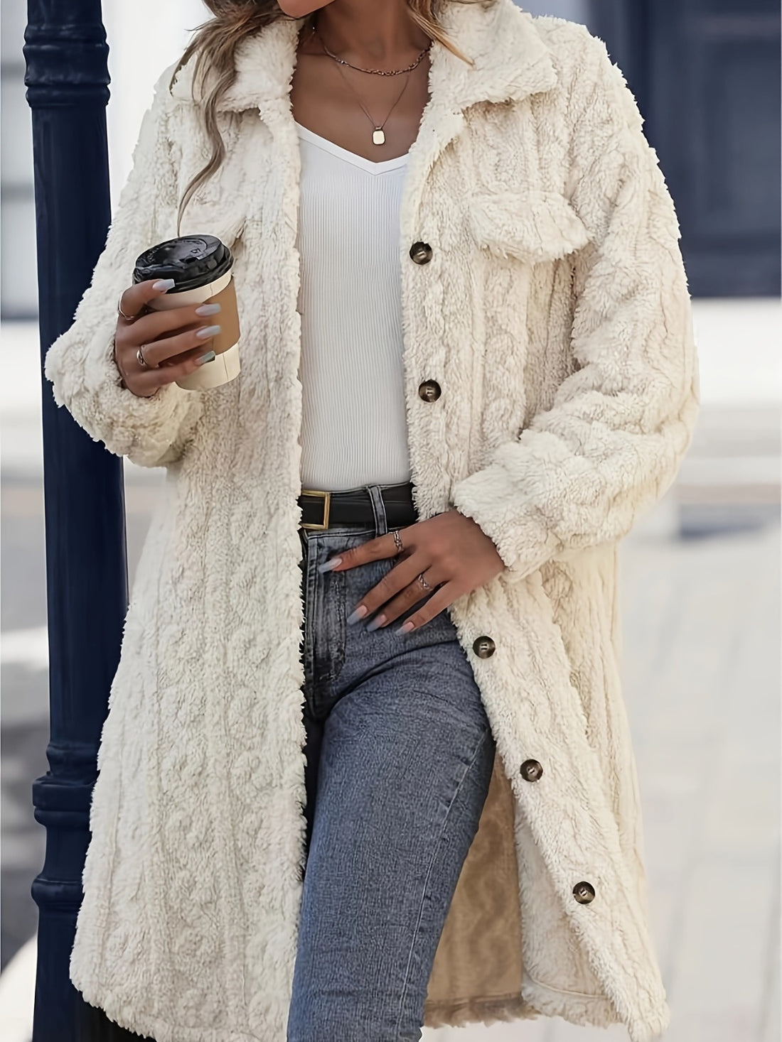 Fuzzy Button Up Long Sleeve Longline Coat 
