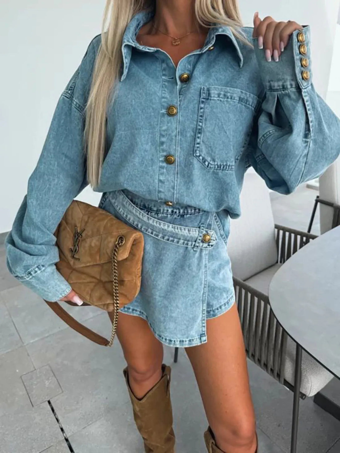 Button-Front Shirt and Mini Skirt Oversized Denim Set Two Piece Dresses