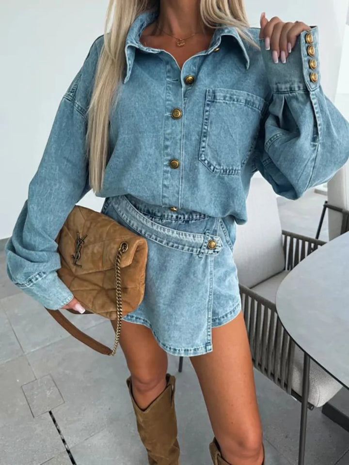 Button-Front Shirt and Mini Skirt Oversized Denim Set Two Piece Dresses