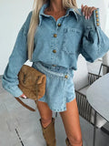 Button-Front Shirt and Mini Skirt Oversized Denim Set Two Piece Dresses