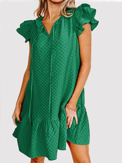 Ruffled Tie Neck Cap Sleeve Dress Dresses