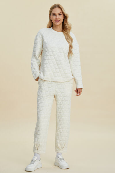 Double Take Full Size Texture Round Neck Long Sleeve Top and Pants Set 