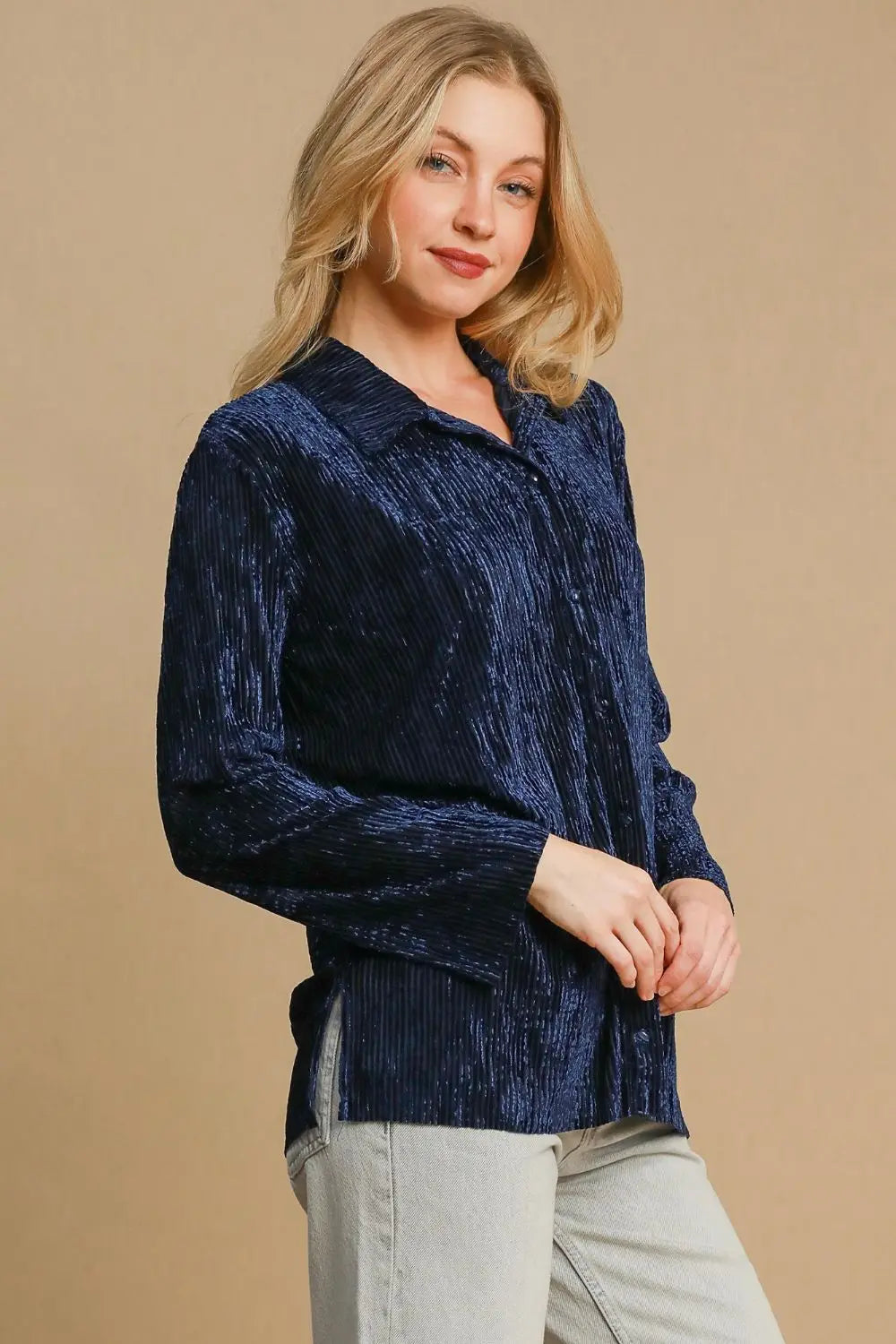 Umgee Side Slit Texture Button Up Shirt 