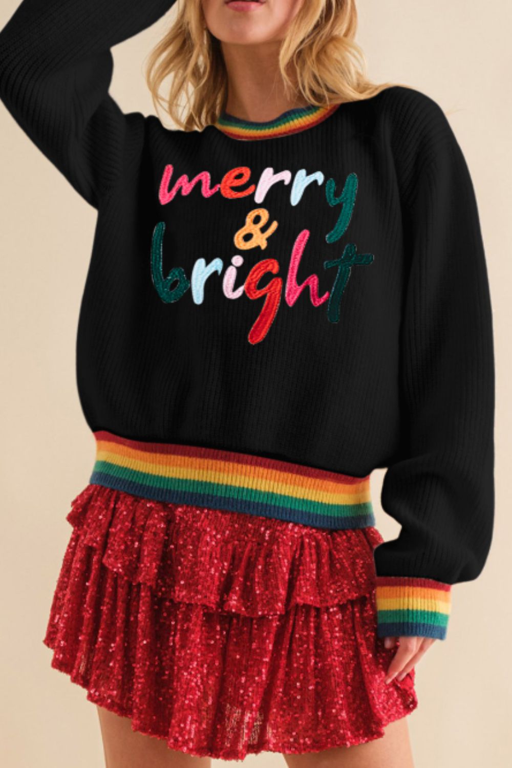 MERRY & BRIGHT Ribbed Round Neck Sweater 