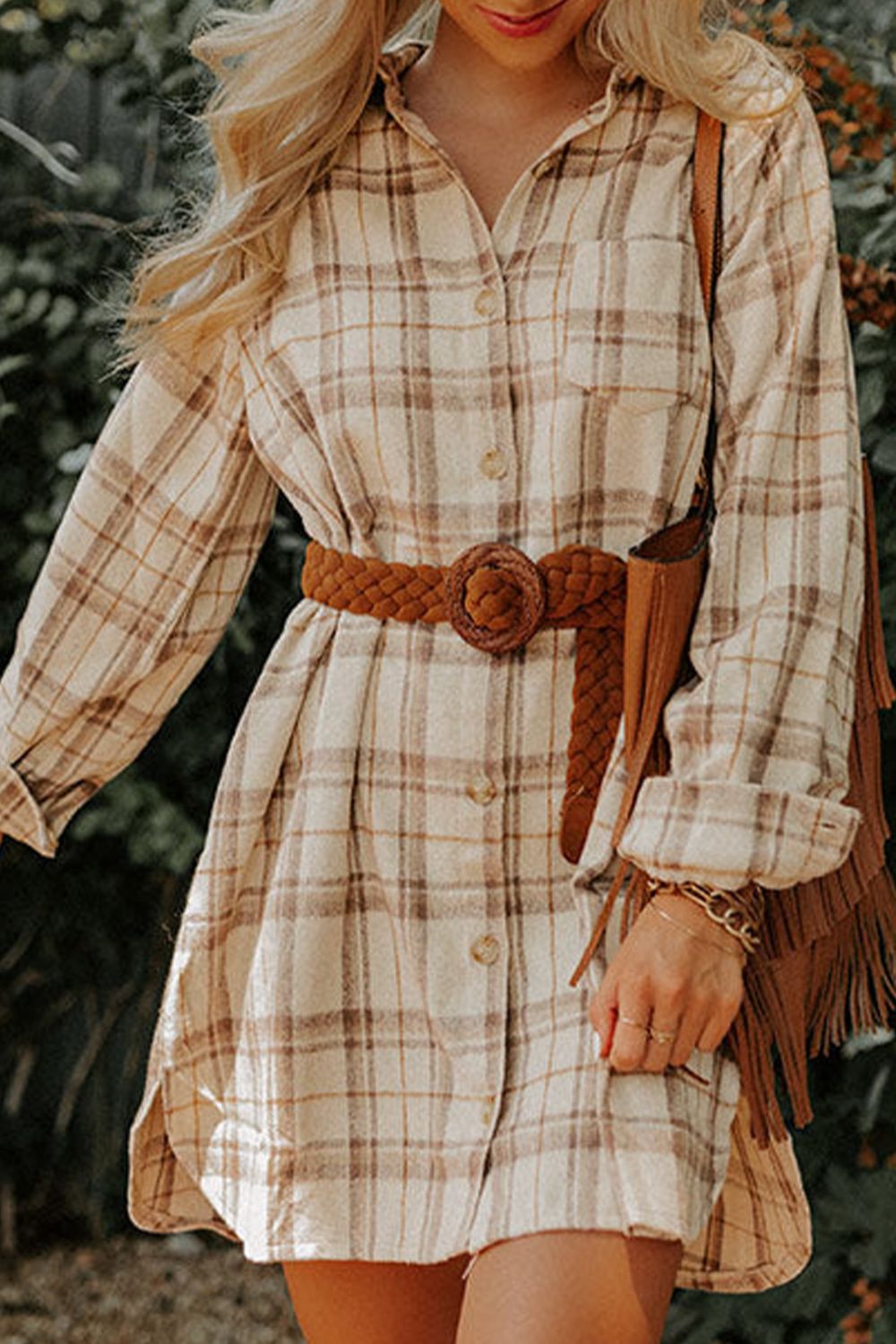 Plaid Collared Neck Long Sleeve Mini Shirt Dress 