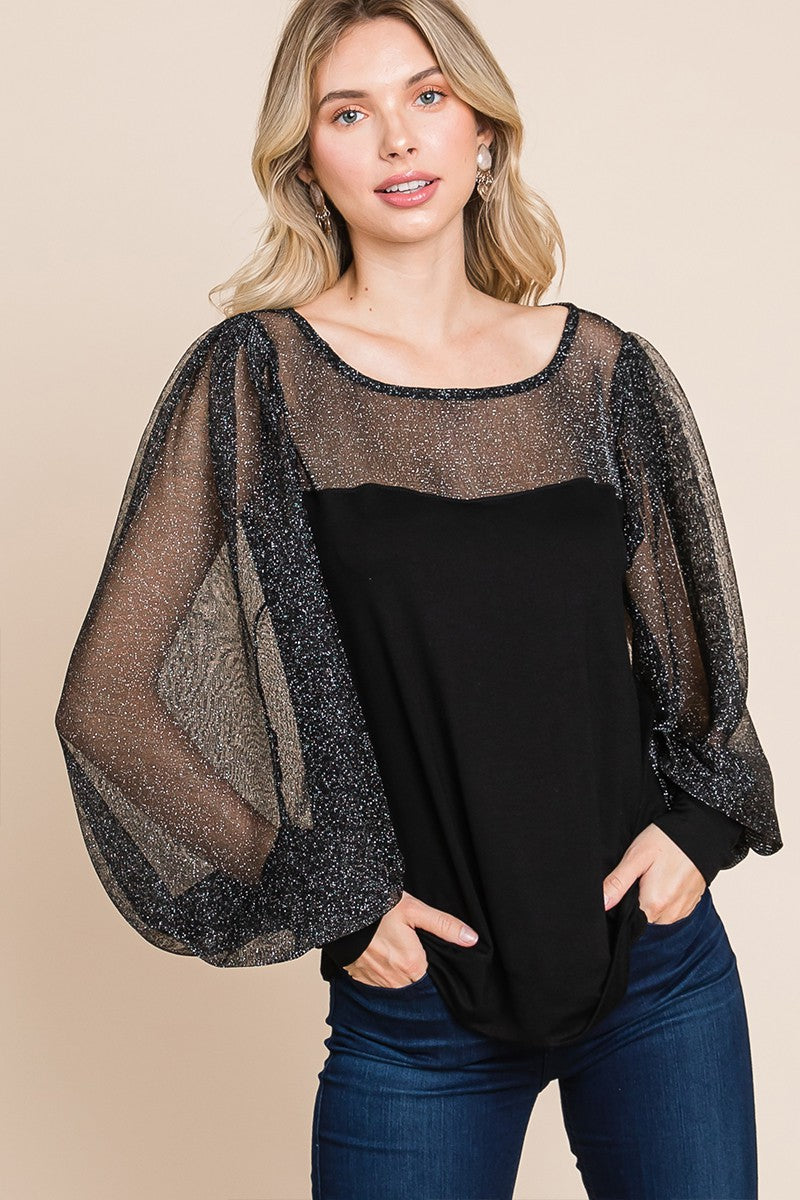 Super Lady Full Size Metallic Mesh Lantern Sleeve Blouse 