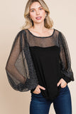 Super Lady Full Size Metallic Mesh Lantern Sleeve Blouse 
