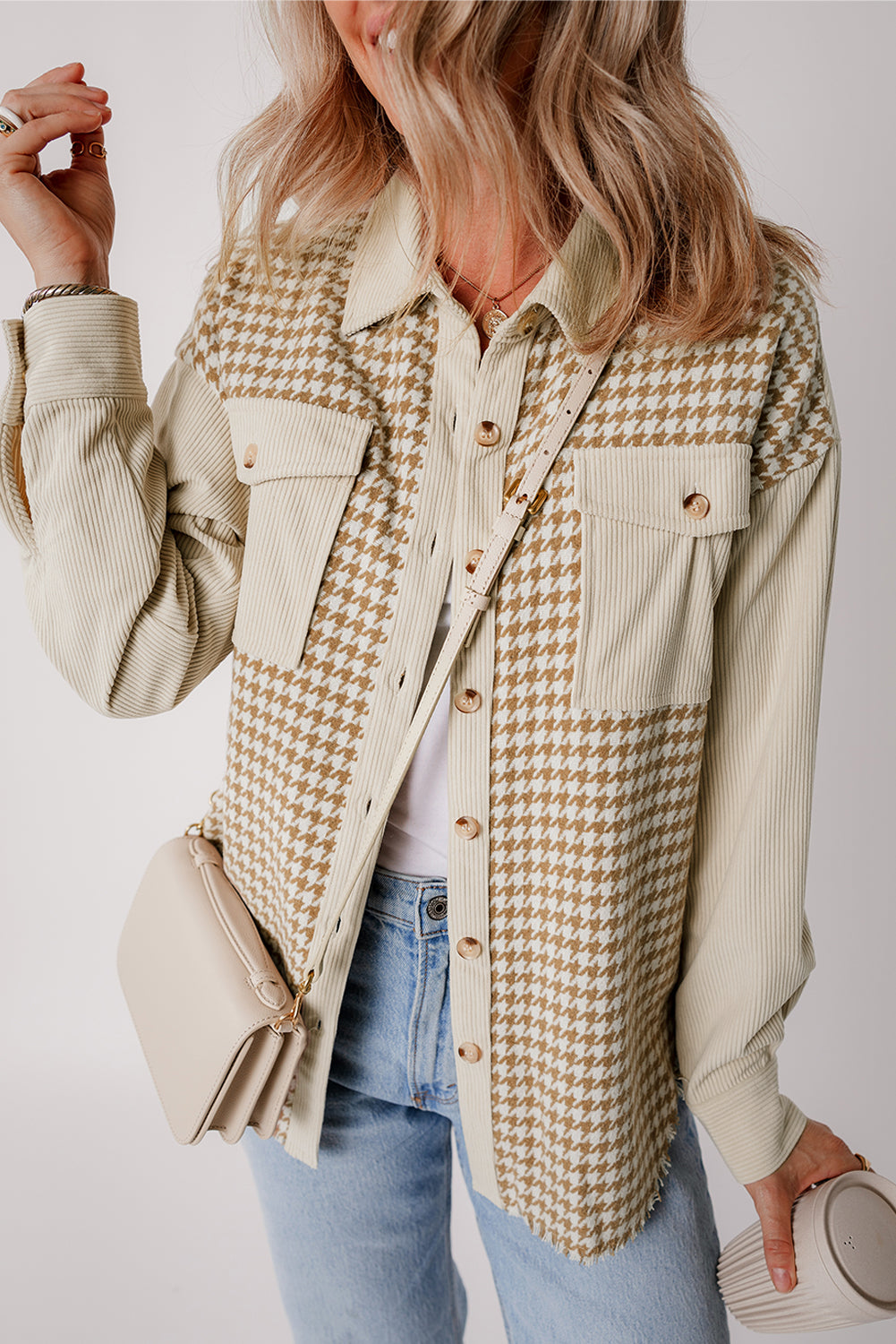 Parchment Houndstooth Corduroy Patchwork Flap Pocket Shacket Outerwear/Jackets