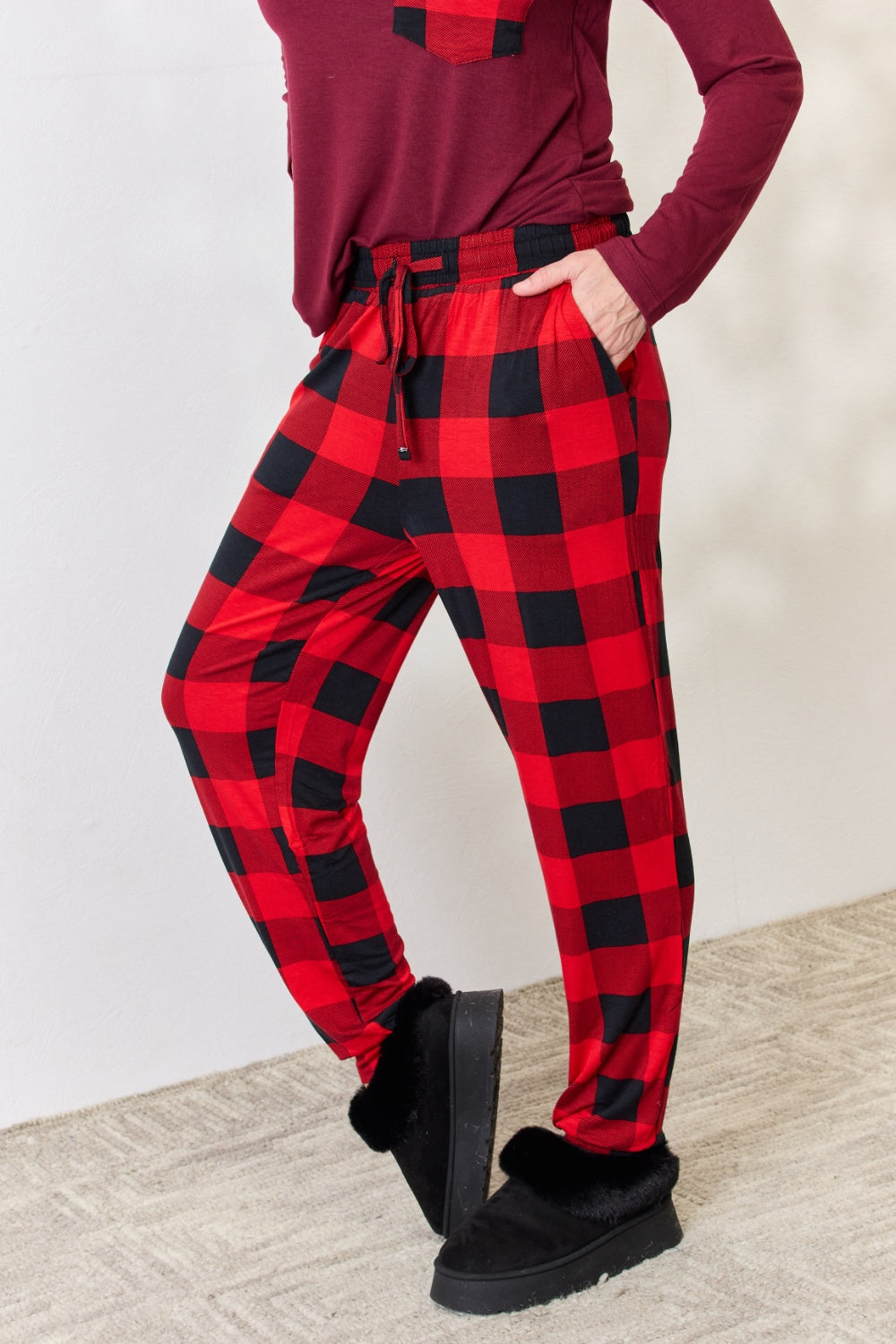 Zenana Full Size Plaid Round Neck Top and Pants Pajama Set 