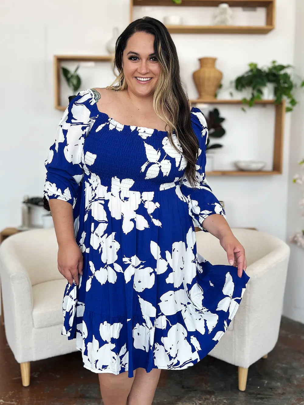 Double Take Full Size Floral Ruffle Hem Smocked Dress with Pockets 