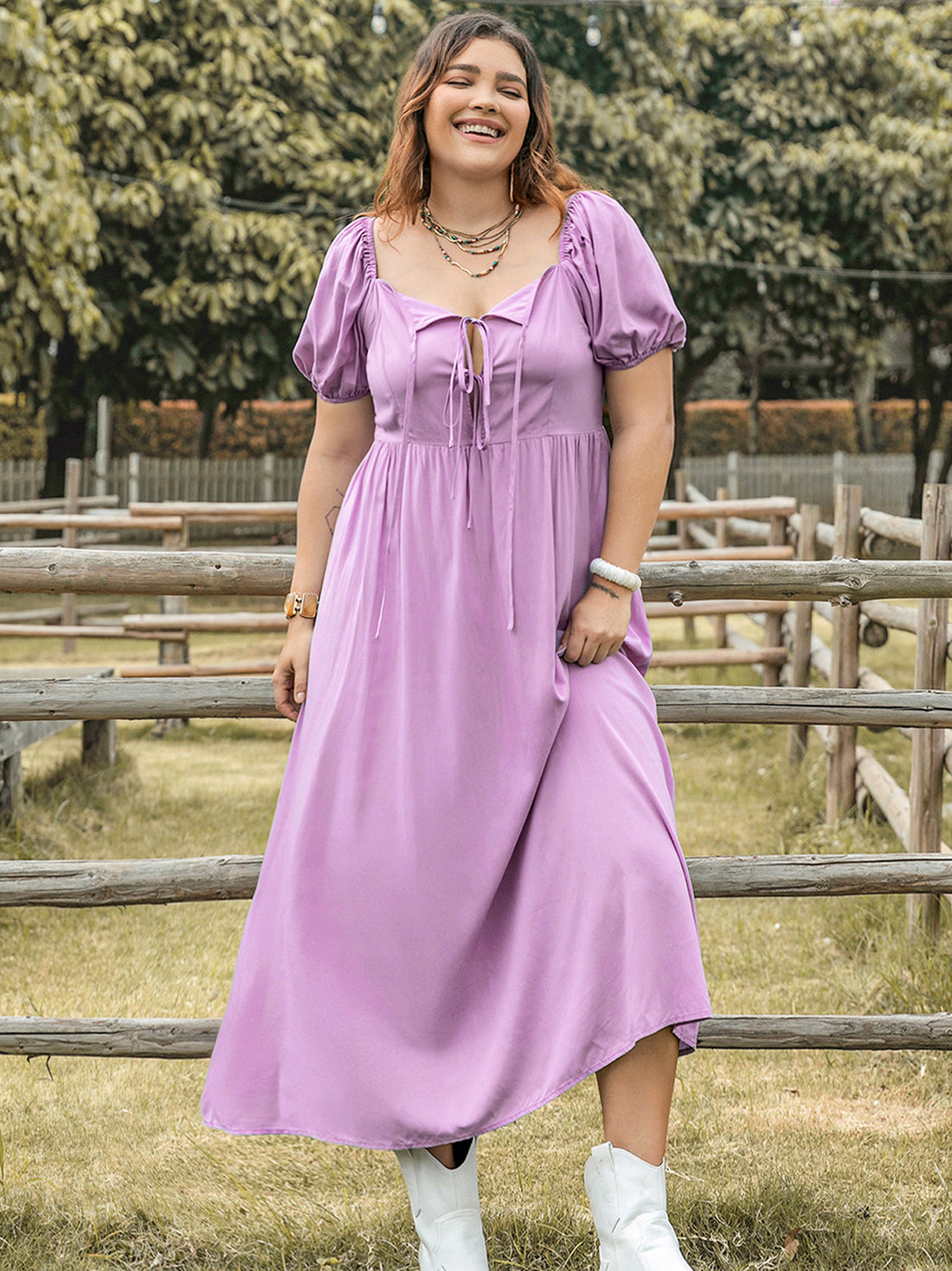 Plus Size Tie Neck Short Sleeve Dress 