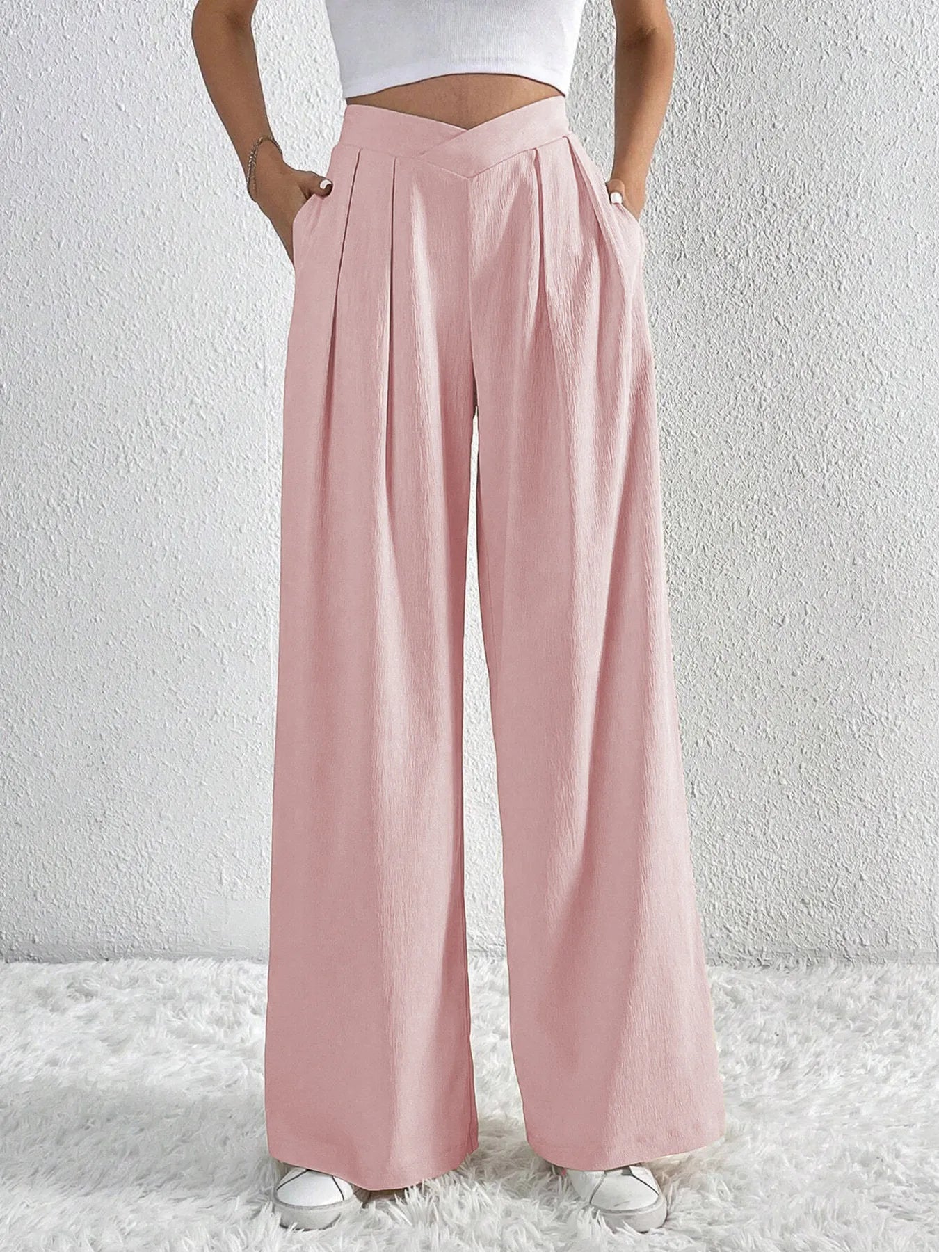 V-Waisted Ruched Front Wide Leg Pants 
