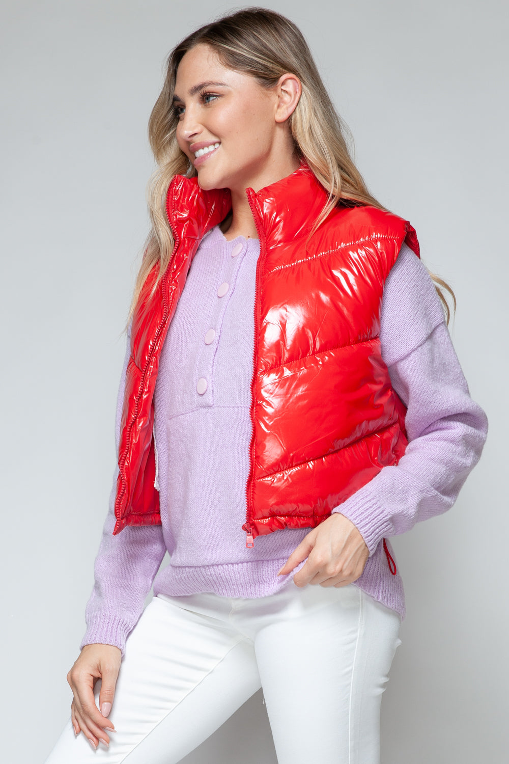 Snobbish Zip Up Turtleneck Shiny Quilted Vest 
