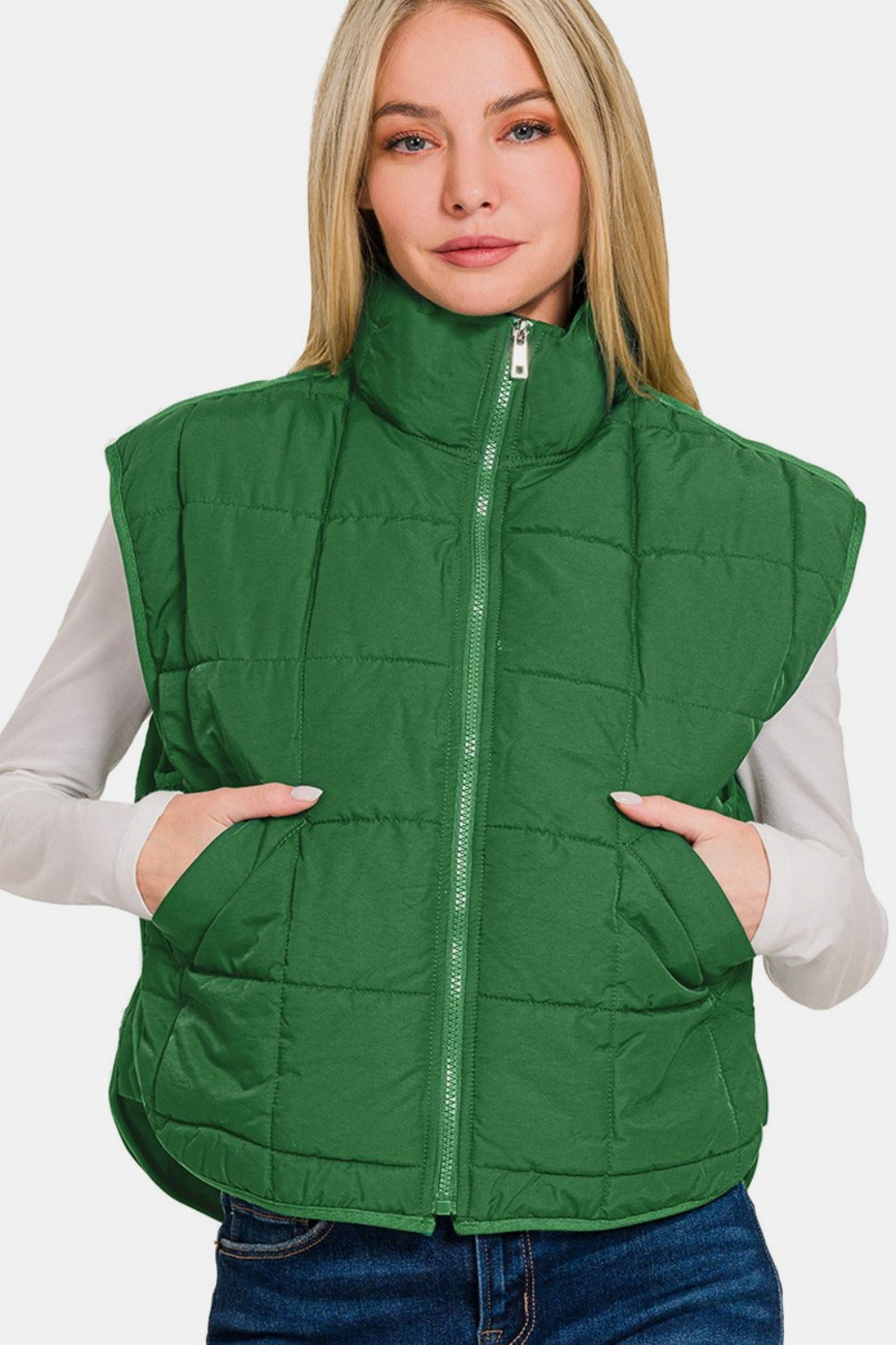 Zenana Zip Up Cropped Puffer Vest with Pockets 